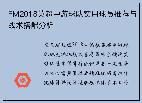 FM2018英超中游球队实用球员推荐与战术搭配分析