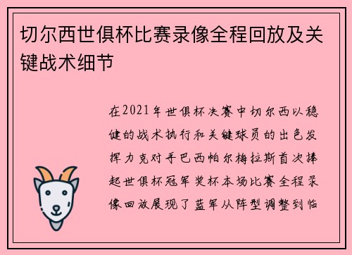 切尔西世俱杯比赛录像全程回放及关键战术细节