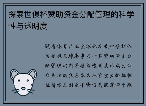 探索世俱杯赞助资金分配管理的科学性与透明度
