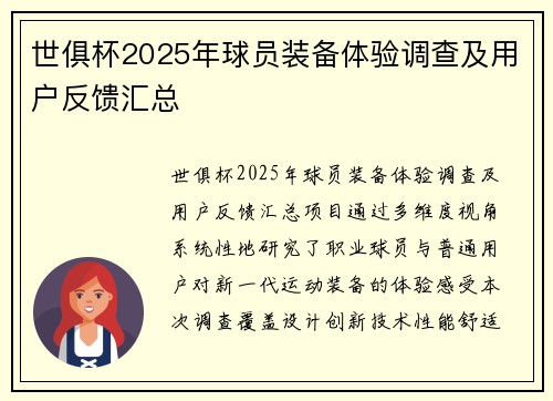 世俱杯2025年球员装备体验调查及用户反馈汇总